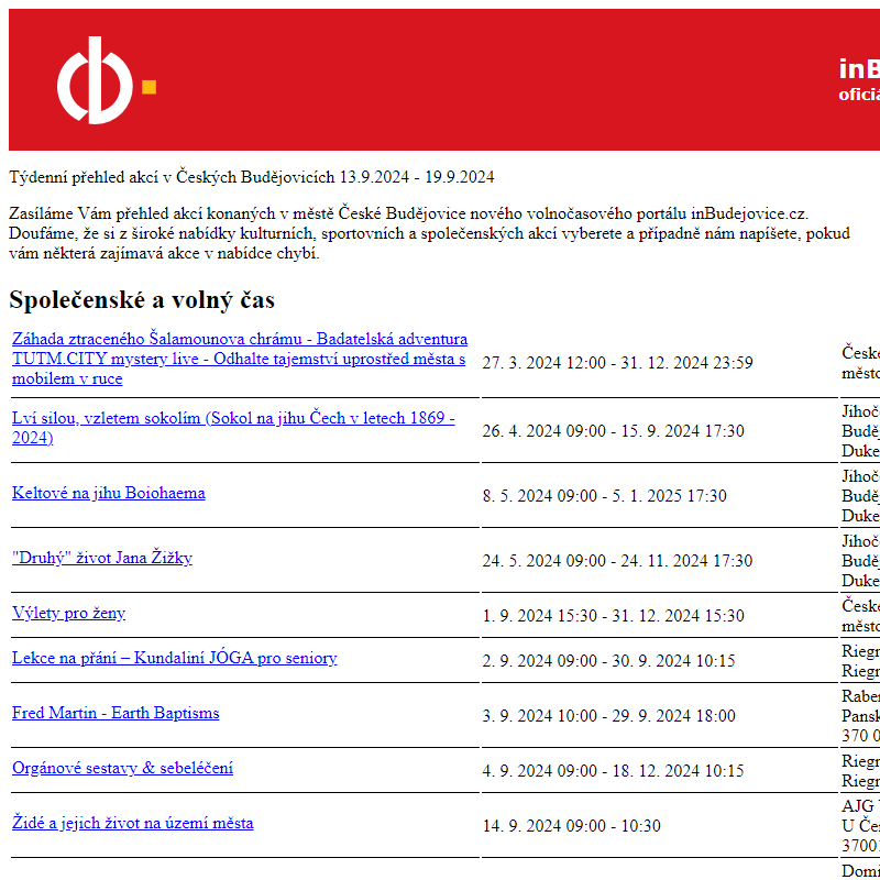 Týdenní přehled akcí v Českých Budějovicích - 13.9.2024 - 19.9.2024