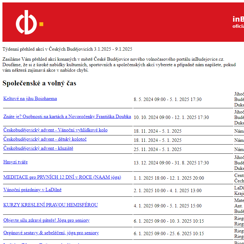 Týdenní přehled akcí v Českých Budějovicích - 3.1.2025 - 9.1.2025