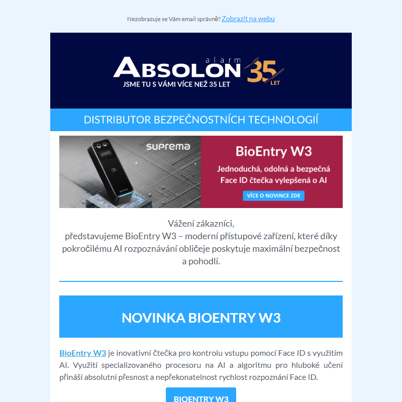 Novinka BioEntry W3 od Suprema. Nejnovější FACE ID čtečka vylepšená o AI __