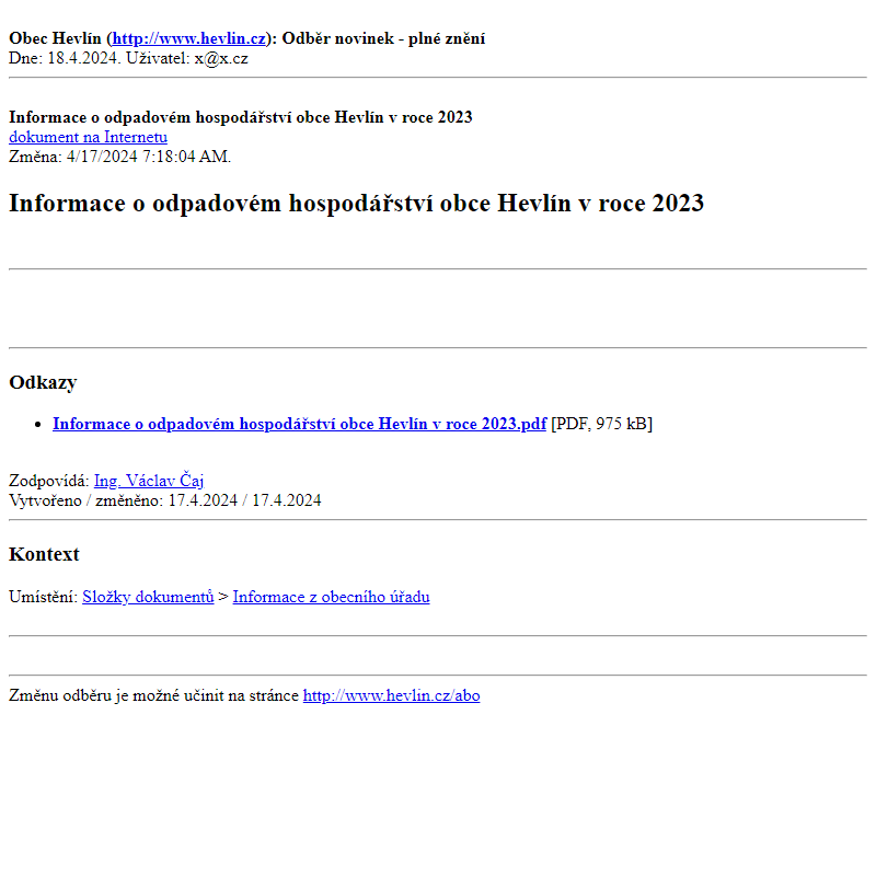 Odběr novinek ze dne 18.4.2024 - dokument Informace o odpadovém hospodářství obce Hevlín v roce 2023