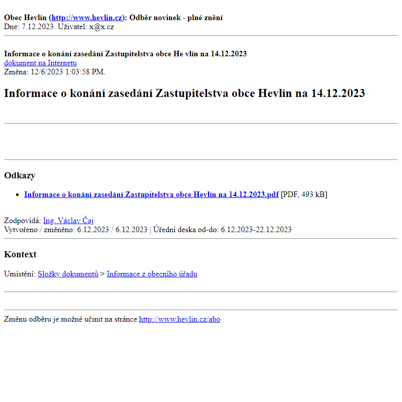 Odběr novinek ze dne 7.12.2023 - dokument Informace o konání zasedání Zastupitelstva obce Hevlín na 14.12.2023