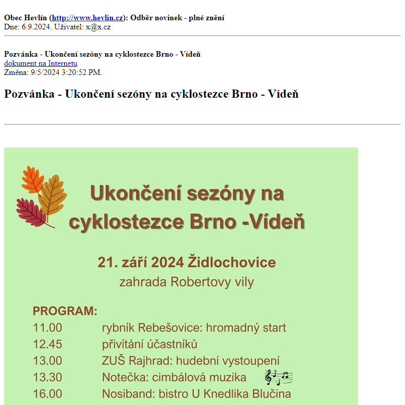 Odběr novinek ze dne 6.9.2024 - dokument Pozvánka - Ukončení sezóny na cyklostezce Brno - Vídeň