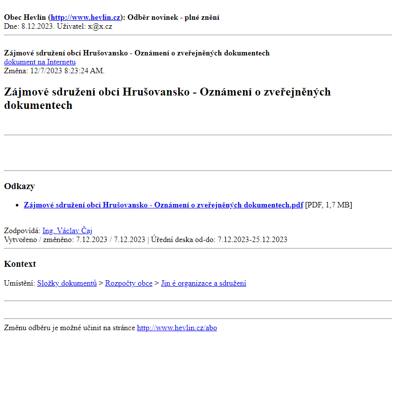 Odběr novinek ze dne 8.12.2023 - dokument Zájmové sdružení obcí Hrušovansko - Oznámení  o zveřejněných dokumentech