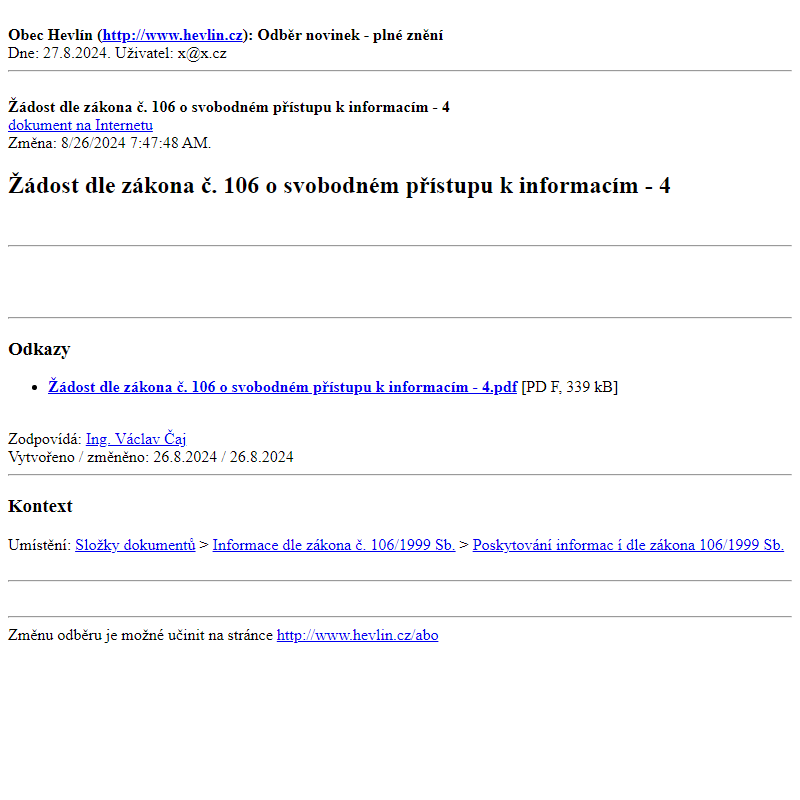 Odběr novinek ze dne 27.8.2024 - dokument Žádost dle zákona č. 106 o svobodném přístupu k informacím - 4