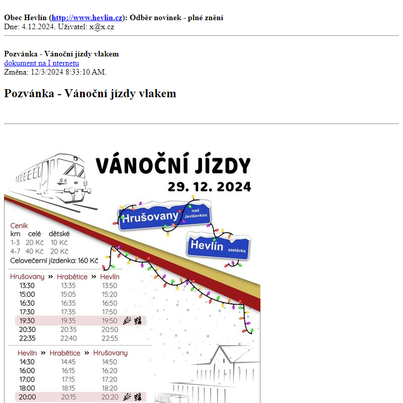 Odběr novinek ze dne 4.12.2024 - dokument Pozvánka - Vánoční jízdy vlakem