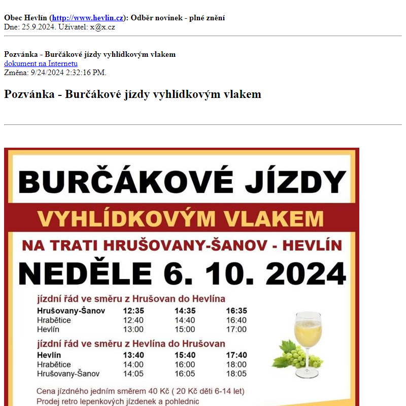 Odběr novinek ze dne 25.9.2024 - dokument Pozvánka - Burčákové jízdy vyhlídkovým vlakem