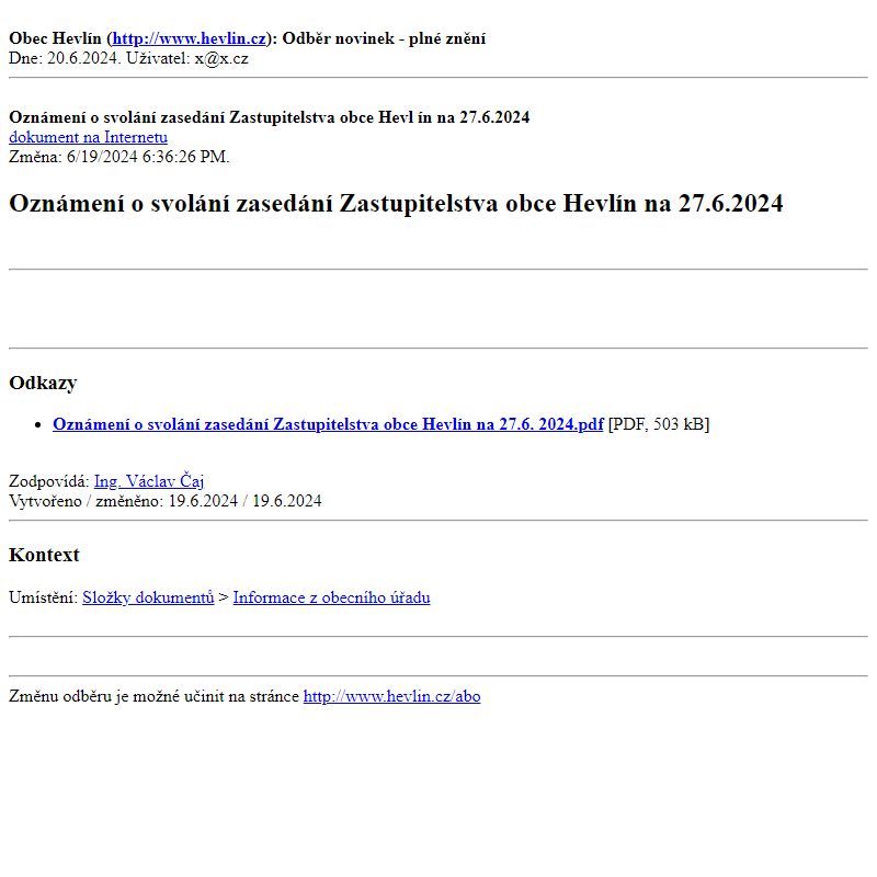 Odběr novinek ze dne 20.6.2024 - dokument Oznámení o svolání zasedání Zastupitelstva obce Hevlín na 27.6.2024