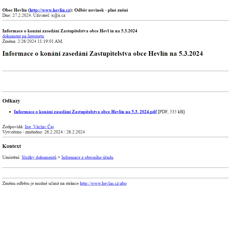 Odběr novinek ze dne 27.2.2024 - dokument Informace  o konání zasedání Zastupitelstva obce Hevlín na 5.3.2024