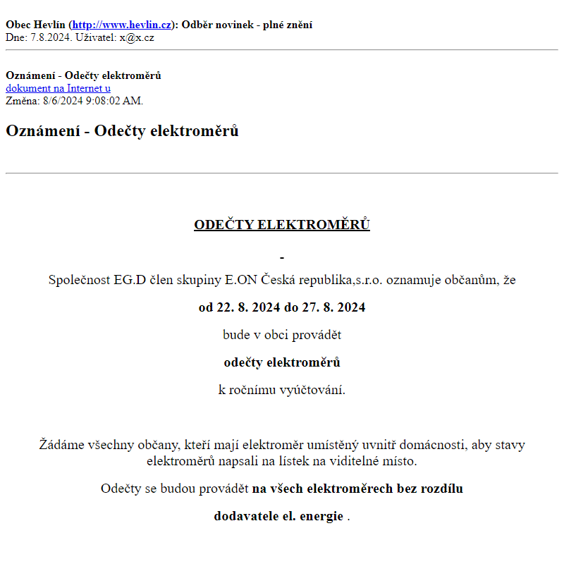 Odběr novinek ze dne 7.8.2024 - dokument Oznámení - Odečty elektroměrů