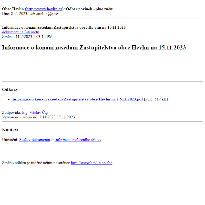 Odběr novinek ze dne 8.11.2023 - dokument Informace o konání zasedání Zastupitelstva obce Hevlín na 15.11.2023
