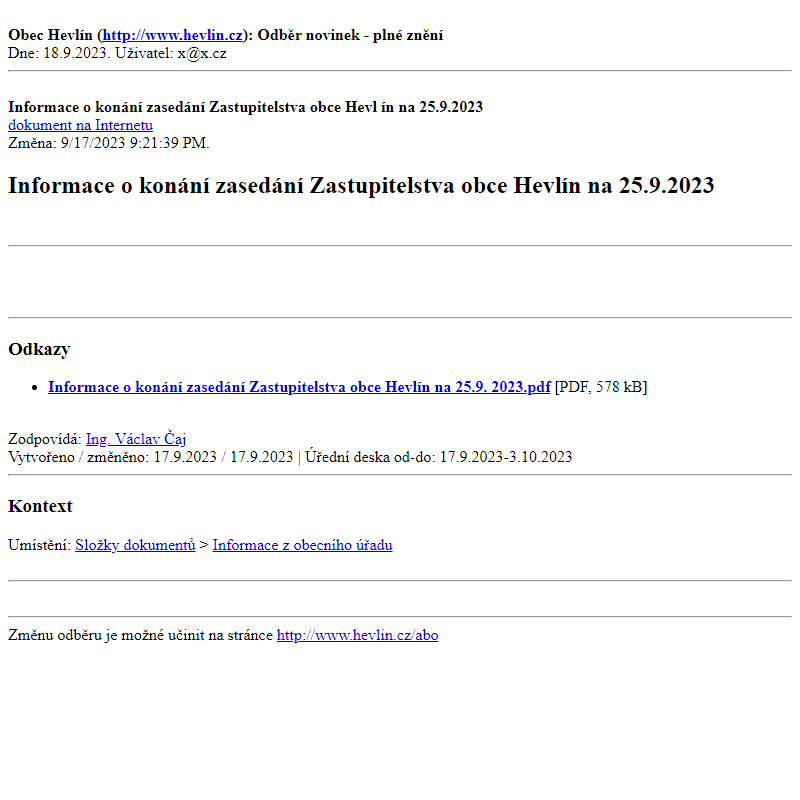 Odběr novinek ze dne 18.9.2023 - dokument Informace o konání zasedání Zastupitelstva obce Hevlín na 25.9.2023