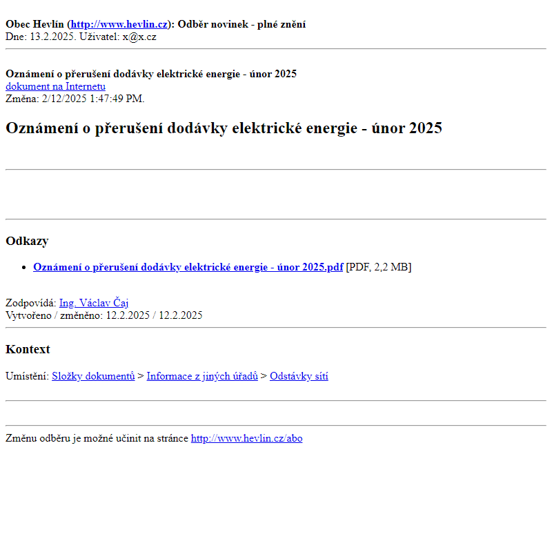 Odběr novinek ze dne 13.2.2025 - dokument Oznámení o přerušení dodávky elektrické energie  -  únor 2025