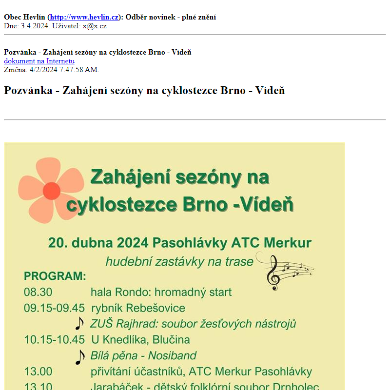 Odběr novinek ze dne 3.4.2024 - dokument Pozvánka - Zahájení sezóny na cyklostezce Brno - Vídeň