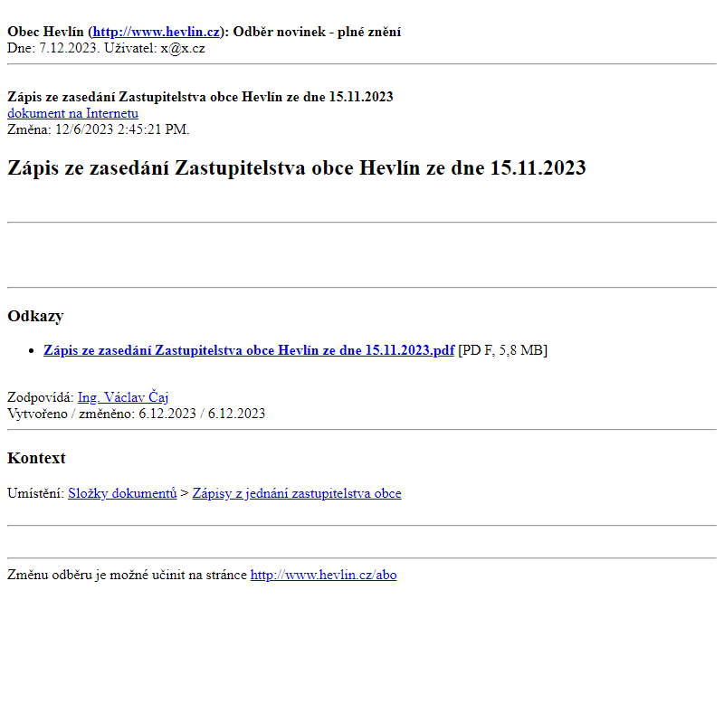 Odběr novinek ze dne 7.12.2023 - dokument Zápis ze zasedání Zastupitelstva obce Hevlín ze dne 15.11.2023