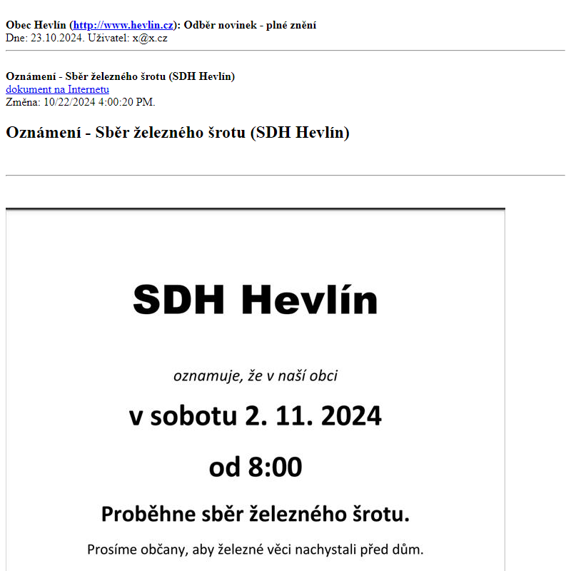 Odběr novinek ze dne 23.10.2024 - dokument Oznámení - Sběr železného šrotu (SDH Hevlín)