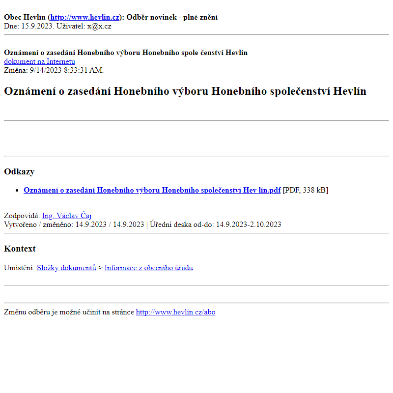 Odběr novinek ze dne 15.9.2023 - dokument Oznámení o zasedání Honebního výboru  Honebního společenství Hevlín