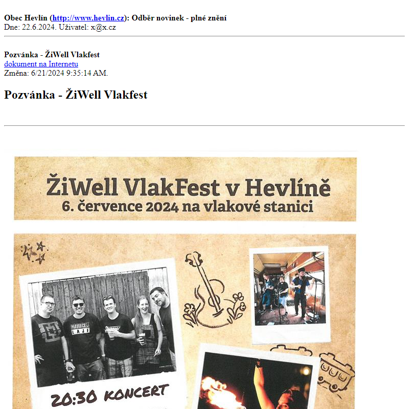 Odběr novinek ze dne 22.6.2024 - dokument Pozvánka - ŽiWell Vlakfest