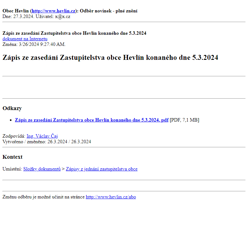 Odběr novinek ze dne 27.3.2024 - dokument Zápis ze zasedání Zastupitelstva obce Hevlín konaného dne 5.3.2024