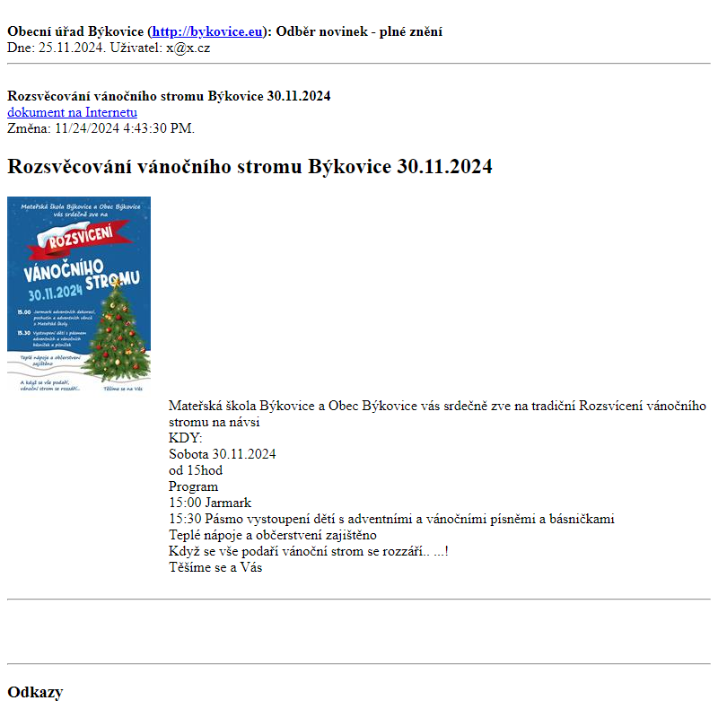 Odběr novinek ze dne 25.11.2024 - dokument Rozsvěcování vánočního stromu Býkovice 30.11.2024