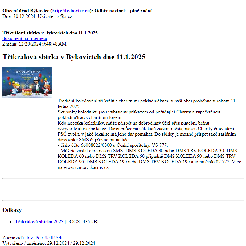 Odběr novinek ze dne 30.12.2024 - dokument Tříkrálová sbírka v Býkovicích dne 11.1.2025