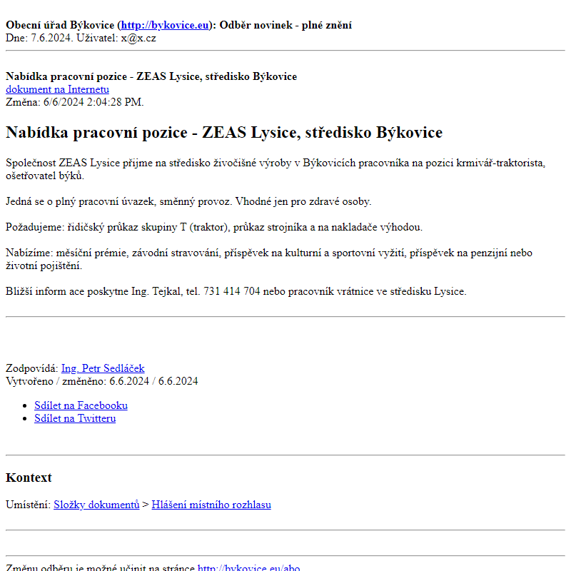 Odběr novinek ze dne 7.6.2024 - dokument Nabídka pracovní pozice - ZEAS Lysice, středisko Býkovice