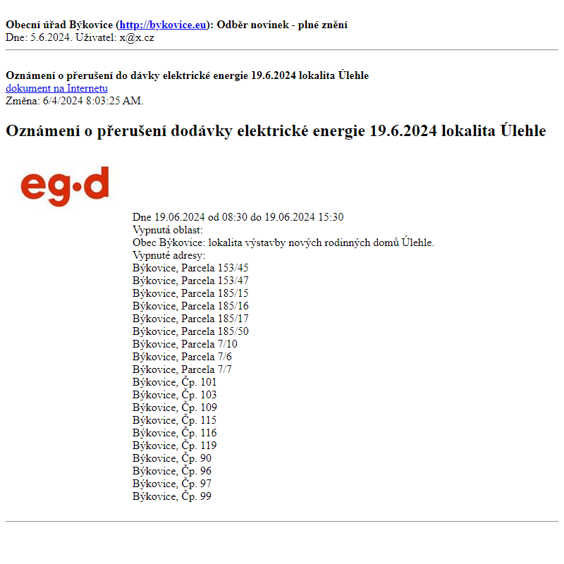 Odběr novinek ze dne 5.6.2024 - dokument Oznámení o přerušení dodávky elektrické energie 19.6.2024 lokalita Úlehle