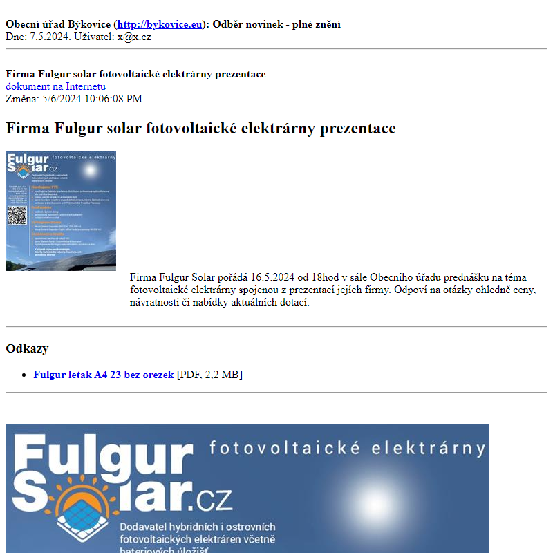 Odběr novinek ze dne 7.5.2024 - dokument Firma Fulgur solar fotovoltaické elektrárny prezentace