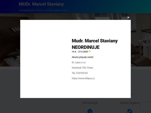 soukromá zubní ordinace mudr. marcel staviany. kvalitní péče o váše zuby a dásně v třinci. ordinační dny od pondělí do pátku. telefonní číslo - 558 996 836