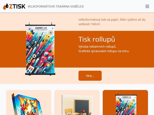 ztisk tiskárna sobělice nabízí velkoformátový tisk na papír do rozměru 160cm x 50m a plátno namíru, laminování, ploterové vyřezávání a 3d tisk.