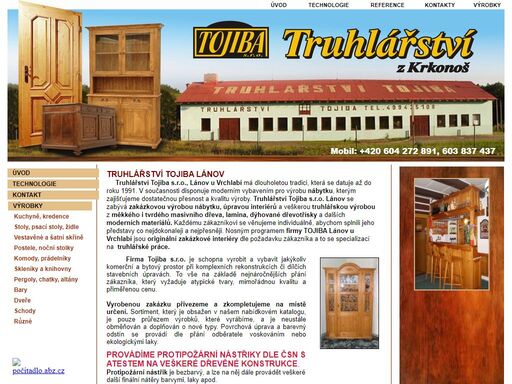truhlářství tojiba s.r.o. lánov u vrchlabí, okres trutnov - krkonoše. zakázková výroba. tojiba s.r.o. zhotovuje kuchyně, postele, skříně, dveře, vestavěné skříně, židle, stoly rustikální a další nábytek. dále pergoly, schody, altány. truhlářství vrchlabí krkonoše a okolí. doprava. vlastní pila, sušička. protipožární nástřiky dřevěných konstrukcí.