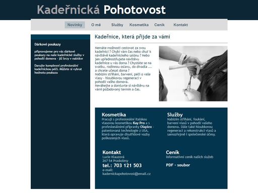 kadeřnická pohotovost - kadeřnice, která přijde za vámi domů
nabízím stříhání (dámské, pánské i dětské střihy), barvení, melírování, péči o vaše vlasy - hloubkovou regeneraci v pohodlí vašeho domova (beroun, hořovice, zdice a okolí). pracuji s profesionální kosmetikou kay pro a přípravky olaplex.