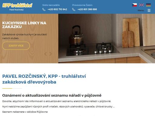 vyrábíme nábytek, kuchyně, ložnice, obývací a dětské pokoje, kancelářský nábytek, stoly, vestavěné skříně, schody, okna i dveře. navrhujeme expozice a stánky pro různé výstavy a veletrhy. frézujeme nábytkové díly pro truhláře. provozujeme půjčovnu přívěsných vozíků, lešení i kladkostrojů.