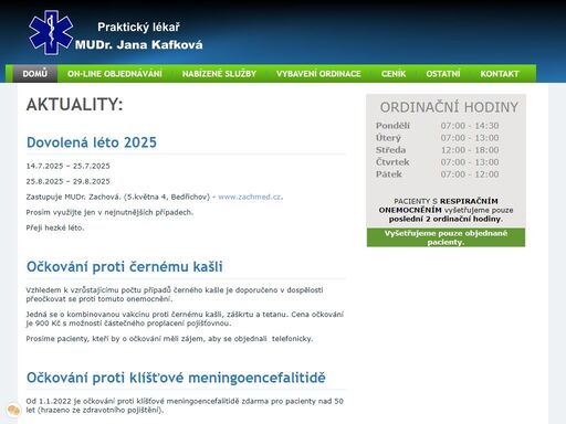 ordinace praktického lékaře pro dospělé. ordinace je vybavena ekg, ambulantní monitorování krevního tlaku, cube, oxymetr, ozonový generátor k desinfekci prostor. možnost internetové objednávání, wifi a elektronická čekárna pro řízení fronty pacientů.