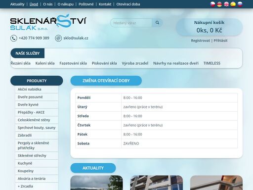 od roku 1998 se zabýváme opracováváním plochého skla, v čemž se držíme nových trendů a výrobních postupů.  nové trendy nás motivují. pravidelně navštěvujeme evropské sklenářské veletrhy, kde se učíme stále nové technologické postupy pro opracování skla. na naší dílně je většina technologií nová a pokud něco neumíme, či nemáme, neváháme navázat spolupráci s našimi spřátelenými sklenářskými firmami z čech i zahraničí, abychom vždy vyšli vstříc zákazníkovi. naše sklenářství se specializuje na zpracování a výrobky z bezpečnostního skla esg (bezpečnostní kalené) a vsg (bezpečnostní lepené: sklo-fólie-sklo).
