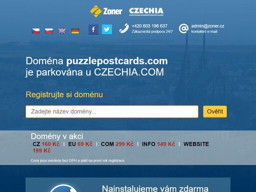 naši doménu puzzlepostcards.com spravuje registrátor regzone.cz na profesionálním hostingu od czechia.com. využijte jejich služeb stejně jako my a získáte skvělou parkovací stránku, špičkové technologické zázemí, nonstop podporu a mnoho dalších výhod.