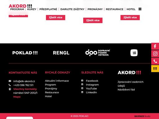 kulturní dům akord v ostravě-zábřehu přináší pestrou nabídku kulturních akcí – koncerty, divadla, pořady pro děti aj. lze k nám zajít také za vzděláním – kurzy, semináře.