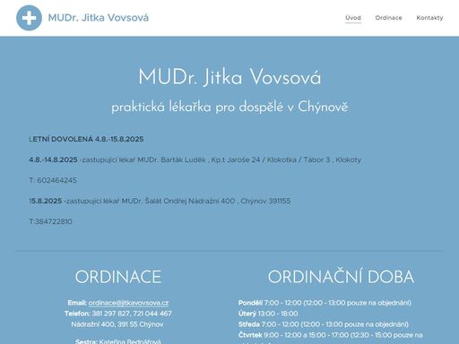 mudr. jitka vovsová chýnov, telefon: 381 297 827, 721 044 467, email: ordinace@jitkavovsova.cz