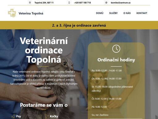 veterina topolná – komplexní preventivní a léčebná péče pro psy, kočky, hlodavce i exotická zvířata. rtg, sono, videootoskop, operační sál.