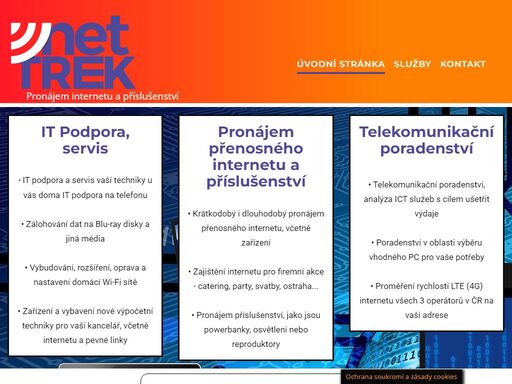 nettrek s. r. o., pronájem internetu na chatu, internet do přírody, firemní internet, pronájem internetu, pronájem internetu pro firemní akce, telekomunikační poradenství, stavba pc, lte internet, internet na chalupu, mobilní data, přenosný internet