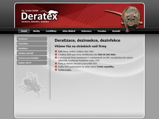 deratizace, dezinsekce, dezinfekce, deratex úvodní stránka webu firmy deratex