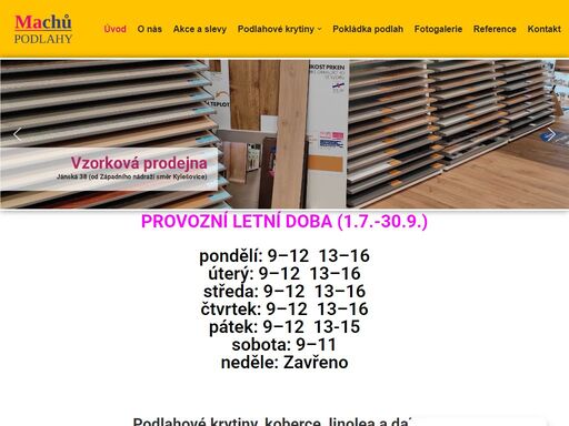 prodej a montáž laminátových a vinylových podlah, koberců, pvc a lišt. navštivte naši vzorkovou prodejnu v opavě, jánská 38 (směr od západního nádraží na kylešovice). zde je možnost výběru pvc, koberců, rohoží, čistících zón ihned k přímému odběru (cca 100 rolí). při prodeji kusových koberců nabízíme (za vratný poplatek) zapůjčení na 24 hodin pro vyzkoušení ve vašem interiéru. jsme v místě dosahu mhd. provádíme také rozvoz.