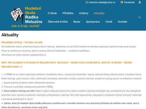 aktuality přijmeme učitele - kytara, klavírdo hudebního oboru, předmětu kytara, klavír/ klávesy přijmeme od září 2023 učitele na dohodou sjednaný částečný nebo plný úvazek. práce je vhodná pro studenty, aktivní seniory, šikovné hudebníky - uznáváme kvalifikaci.informace na mailu meluzin.radek@volny.czinformace pro zájemce o studium ve školním roce 2023/2024 - máme stále volné místa !!! 1. v hšrm