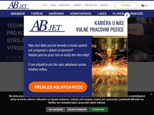 společnost ab jet spol. s r.o. se od svého založení v roce 1995 zabývá především využitím technologie řezání materiálu vysokotlakým vodním paprskem v zakázkové výrobě