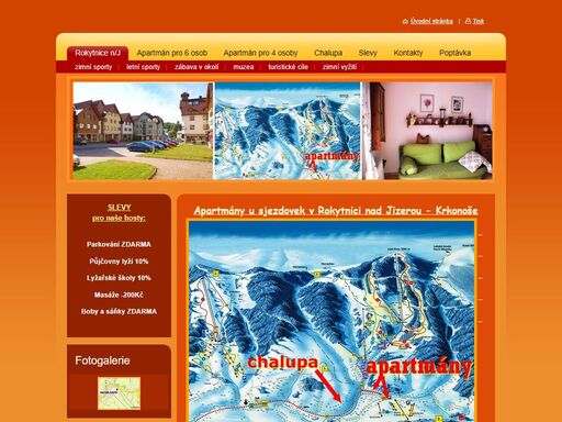 apartmány u sjezdovek v rokytnici nad jizerou v krkonoších pro 4, 6 a 13 osob. apartmány k pronajmutí u sjezdovek v rokytnici nad jizerou v krkonoších nabízejí příjemné ubytování ve 4 lůžkovém apartmánu s balkonem a výhledem na sjezdovku modrá hvězda a v 6-ti lůžkovém apartmánu s balkónem a výhledem na horní náměstí v rokytnici nad jizerou a sjezdovky modrá hvězda a sachrovka. dále nabízíme pronájem ubytování v krásné roubené chalupě (chalupa pod lysou) s kapacitou až 13-ti osob. k dispozici jsou 3 ložnice a společenská místnost s kuchyňským koutem a jídelním stolem. jedna ložnice je patrová a je v ní umístěná herna pro nejmenší děti.