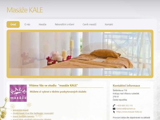 masážní a wellness studio kale je to pravé místo pro váš odpočinek, relaxaci a péči o tělo. nabízí širokou nabídku masáží jako je ajurvédská masáž, čínská masáž (gua sha, baňkování, moxování), masáž lávovými kameny, masáž proti celulitidě s ozonovým zábalem, lymfatická masáž, regenerační masáž, klasická relaxační masáž, medová masáž, indická masáž hlavy a antistresová masáž, masáž obličeje. rovněž nabízí i wellness služby jako bahenní terapie, kyslíková terapie - oxis, kosmetické ošetření obličeje mořskými perlami, detoxikační a remodelační zábaly celého těla či použití privátní vířivky a sauny. všechny procedury jsou za příznivé ceny.