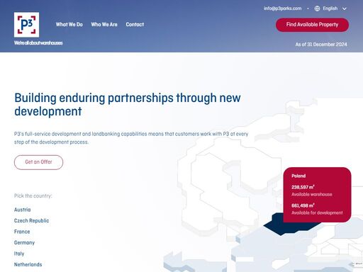 p3 is a long-term owner, developer and manager of european logistics properties. we provide warehouse customers with a first-rate occupancy experience in high quality assets in key logistics locations.