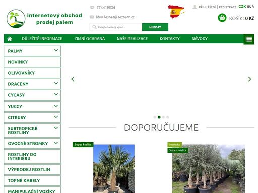 homepage. máme pro vás kompletní nabídku palem, subtropických a tropických rostlin vypěstovaných ve španělsku, vhodných jak do vašich domovů, kanceláří, či zimních zahrad, tak i na venkovní výsadbu. jsme významným dovozcem rostlin již od roku 2006. naše prodejna je otevřena celoročně.

fotogalerie:








…