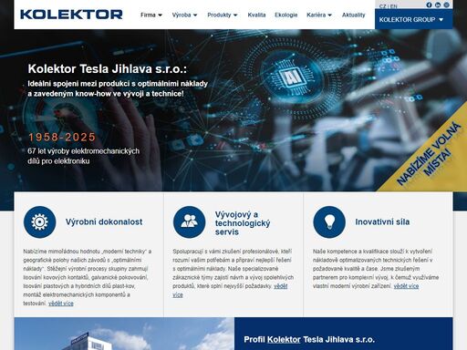 jsme přední český výrobce konektorů, plastových dílů, stříhaných kontaktů a dílů pro automobilový průmysl a elektroniku. dodáváme zákazníkům, působícím ve světovém měřítku.