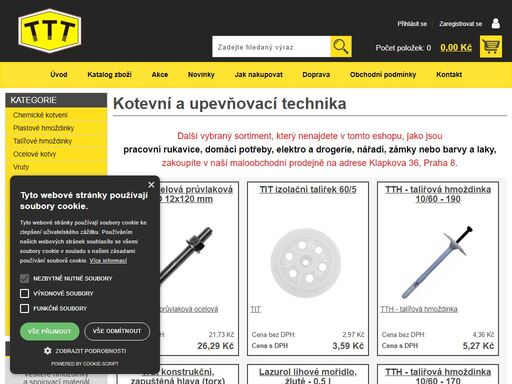 prodej plastových a talířových hmoždinek, ocelových a chemických kotev, spojovacího materiálu
