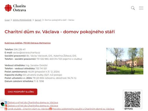 charitní dům svatého václava v ostravě - heřmanicích je pobytové zařízení sociálních služeb pro seniory provozované charitou ostrava. 